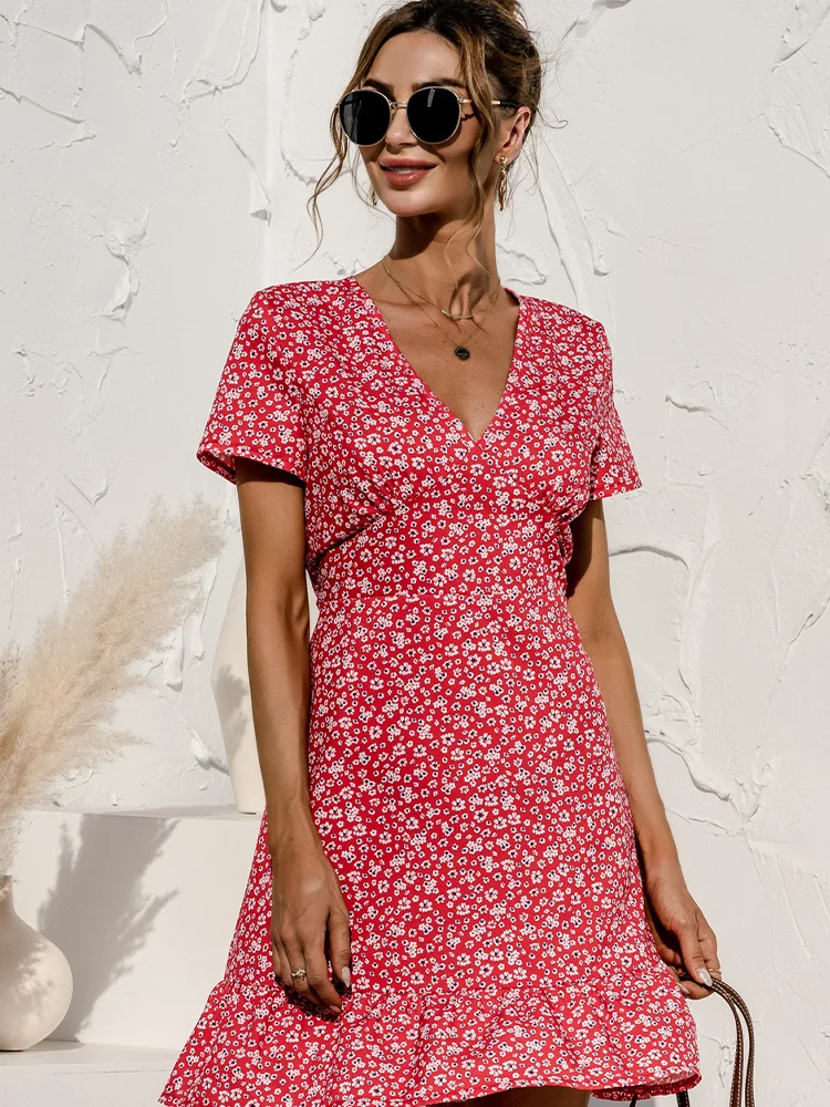 

2021 Summer Women's V-neck Printed Floral Stitch Sewing Ruffle Sexy Short Sleeve Mini Dress Summer Beach Fashion Dress For Women