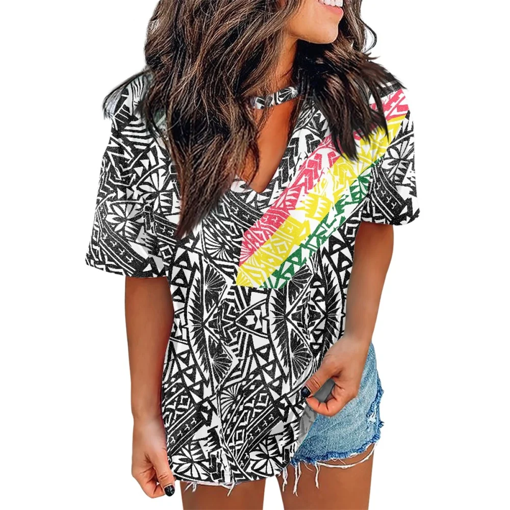 

Женская Винтажная футболка, Повседневная модная полинезийская этническая одежда, пуловер с V-образным вырезом и коротким рукавом, свободны...
