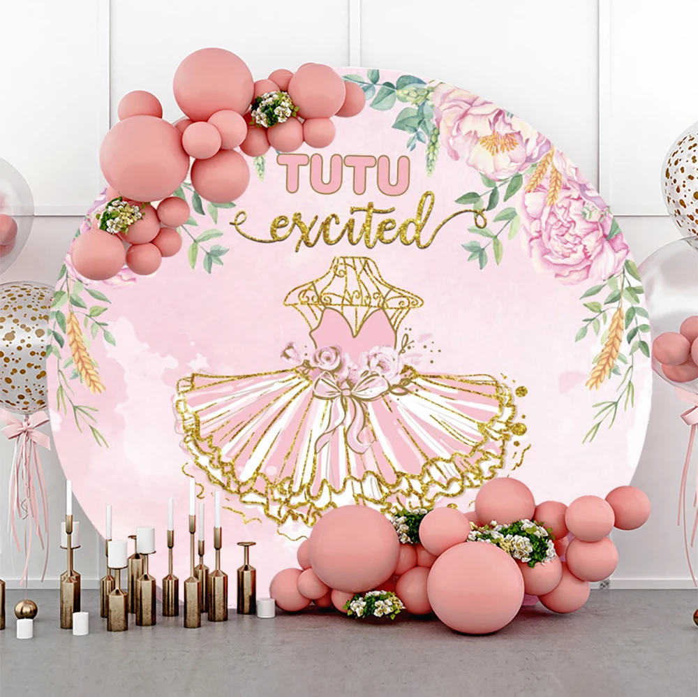 

Laeacco Tutu Baby Shower Round Backdrop Pink Flower Gold Dots Girls Princess Birthday Portrait Customized Photography Background