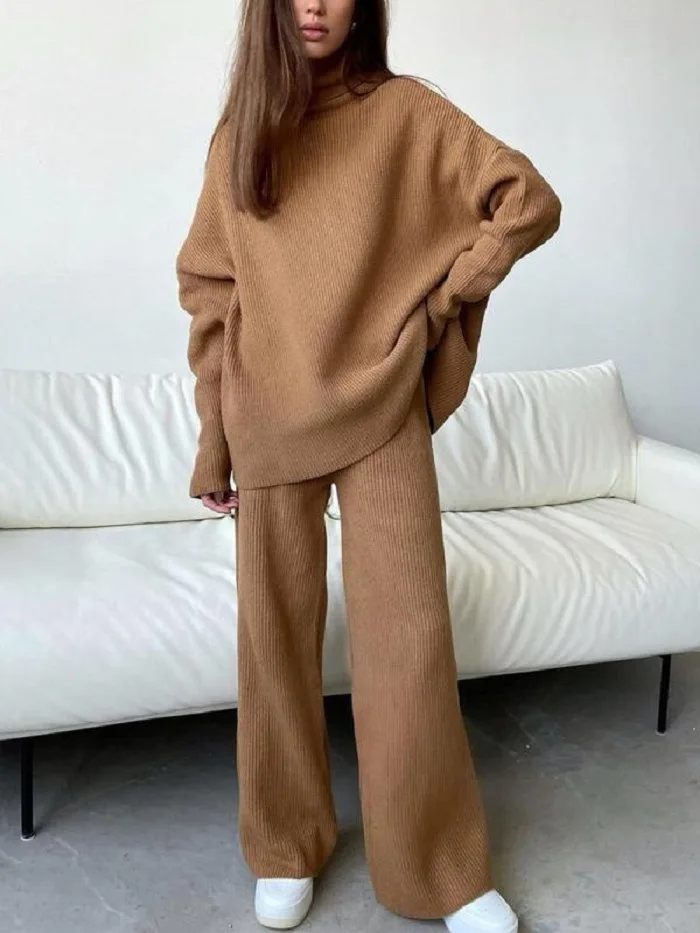 

SuperAen Winter Long-sleeved Loose Sweater Wide-leg Knitted Pants Fashion Loose Turtleneck Knitted Pullover Women Sweater Sets