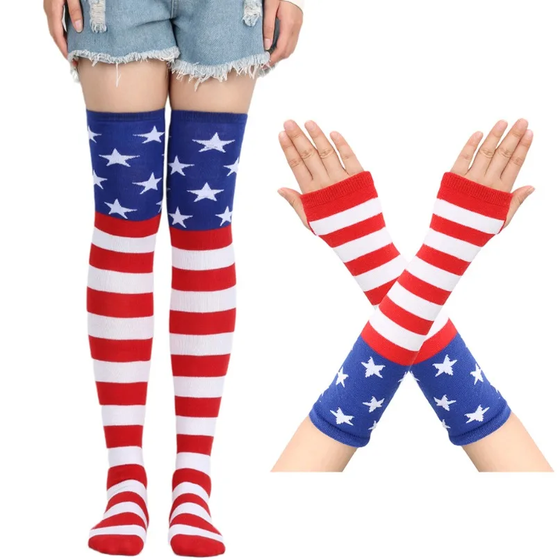 

Женские полосатые высокие чулки до бедра, комплект перчаток с рукавом, американский флаг США, женские длинные Гольфы выше колена черного и белого цвета для девушек