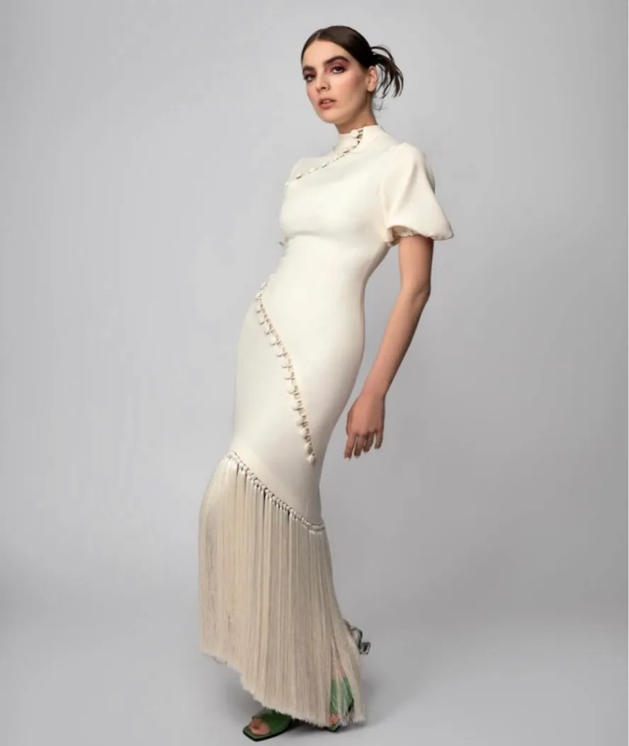 

Fashionvane Newest Prom Dresses 2023 High Collar Buttons Short Sleeves Evening Dress for Saudi Arabia Women Wear Tassels Vestido