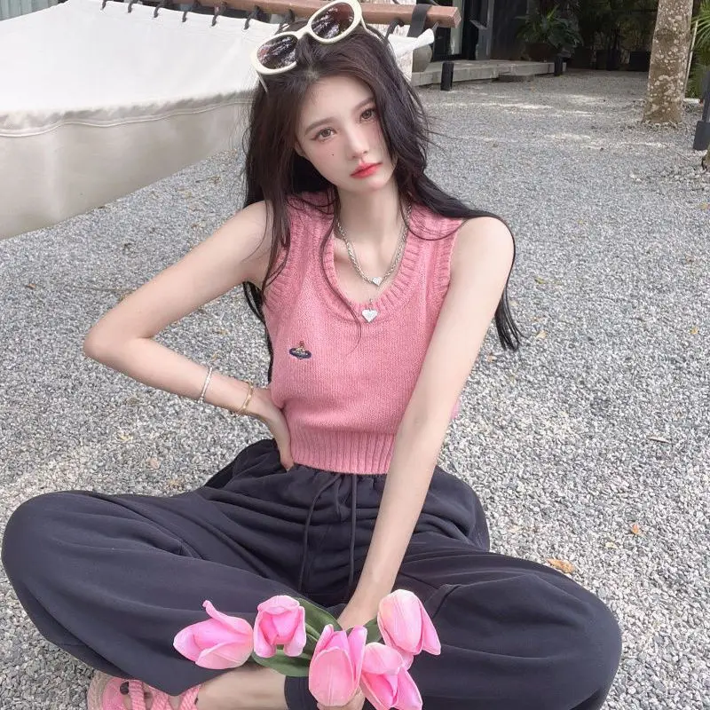 

Топы Y2k с круглым вырезом, майки, Корейская популярная одежда, милая летняя мягкая укороченная женская одежда без рукавов для студентов, шикарная трикотажная облегающая модная одежда для отдыха