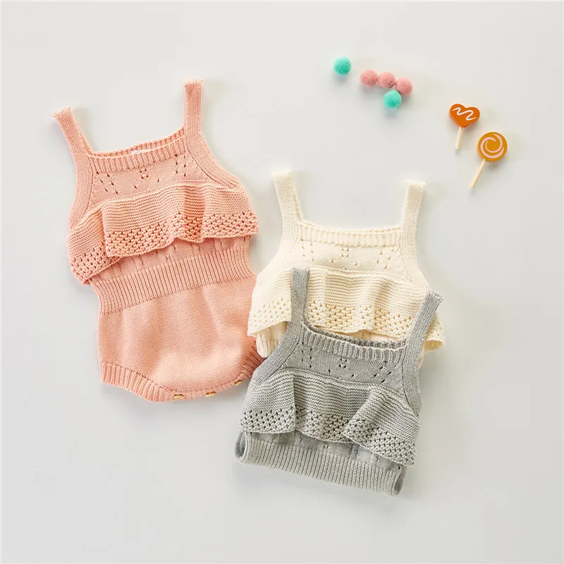 

Infant Sleeveless Knit Bodysuit, Baby Girls Spring & Summer Hollow Ruffled Solid Color Romper, 3-24Months