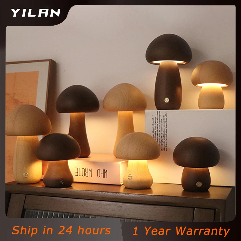 

INS Mushroom LED Night Light With Touch Switch Wooden Cute Bedside Table Lamp For Bedroom Children Room Sleeping Night Lamps