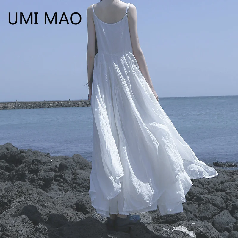 

Umi Mao Yamamoto Dark Summer Beach Black White Super Long Irregular Big Swing Elegant Suspenders Dress Women Femme Y2k Fashion