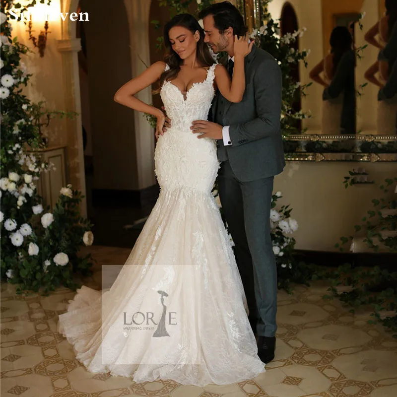 

Smileven Ivory Mermaid Wedding Dress Appliqued Lace Bride Dresses Elegant Floor Length Sleeveless Vestido de novia Wedding Gown