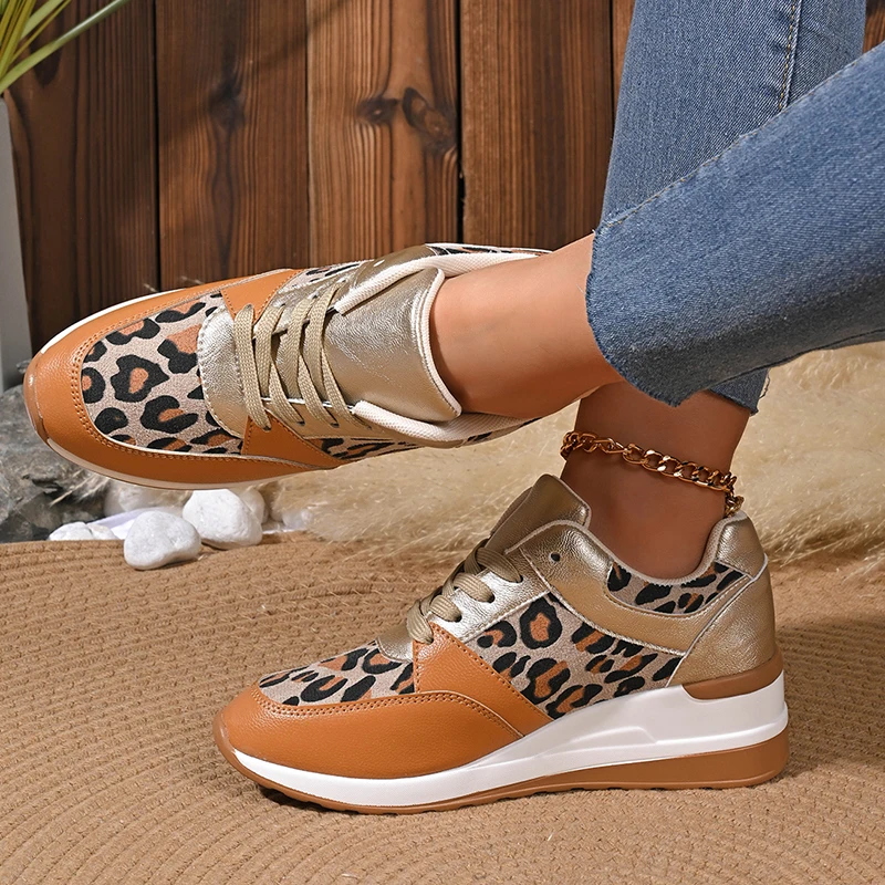 2025 Plus Size Leopard Print Sneakers Women Pu Leather Platform Sneaker Shoes Woman Comfortable Non Slip Lace Up Female