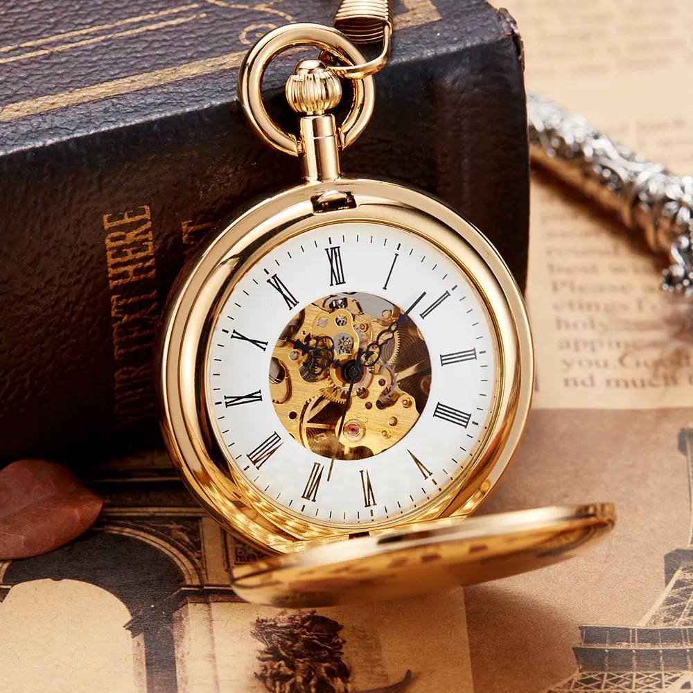 Luxury Golden Copper Mechanical Pocket Watch Hand Winding Clock Fob Chain Watch Men Roman Numbers Skeleton Reloj de bolsillo