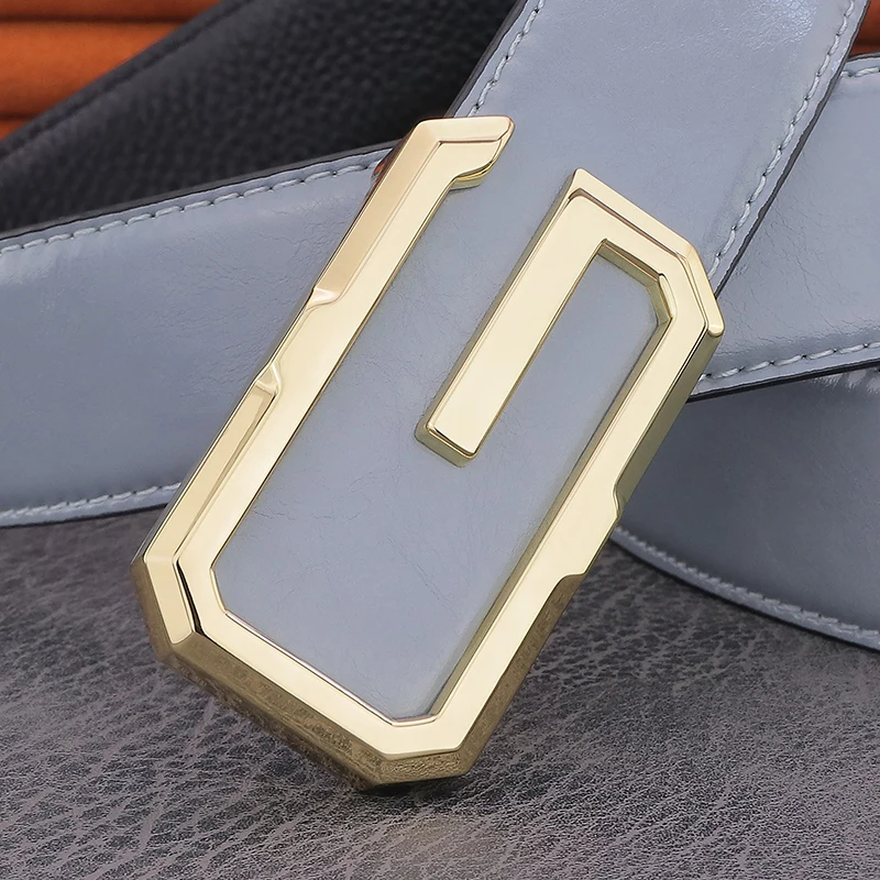 High Quality Designer Gold G Letter Buckle Trousers Men Light Grey Genuine Leather Luxury Young Men Casual  Famous Waistband