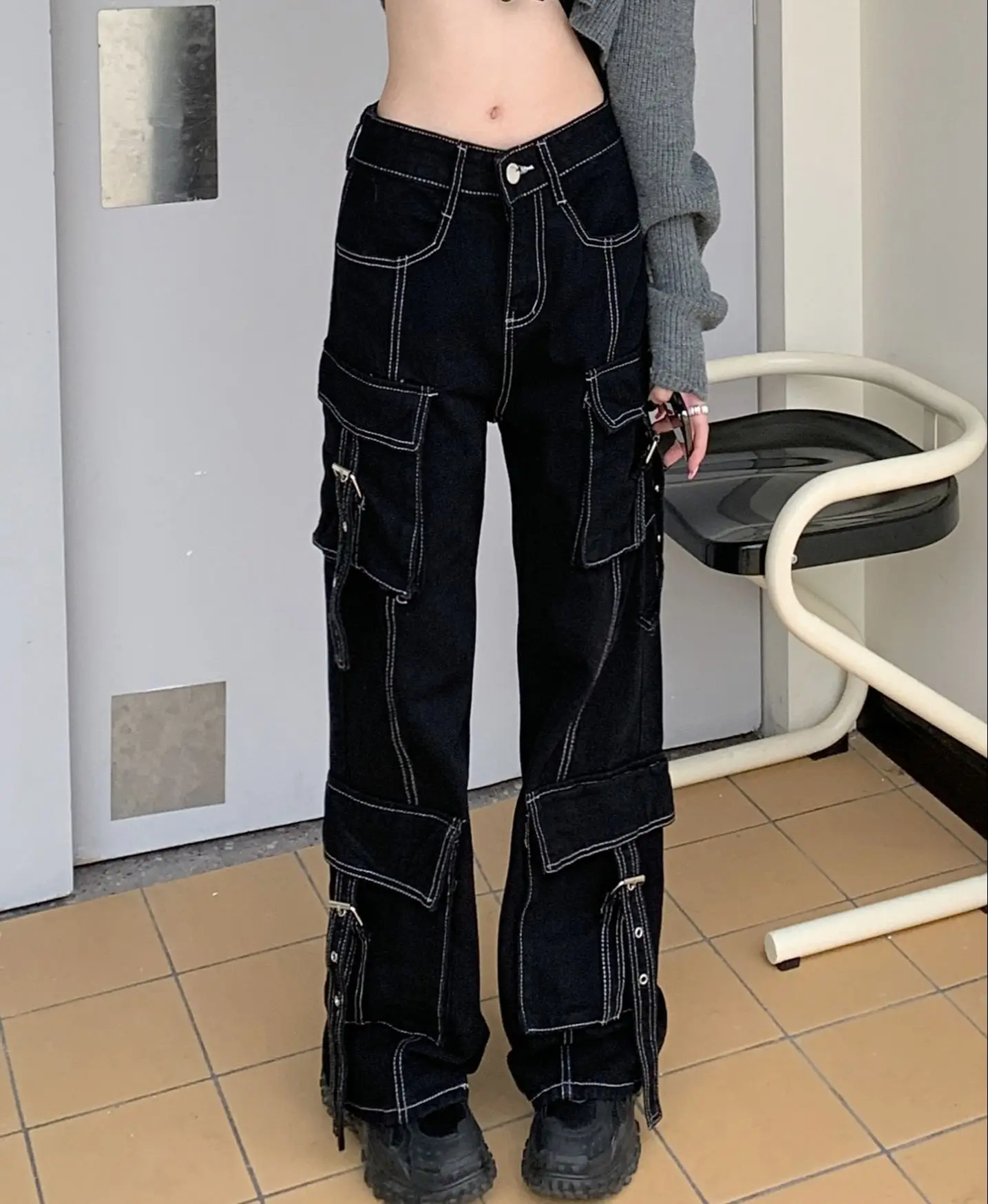

Weekeep Pockets Patchwork Baggy Jeans Fashion Streetwear 100% Cotton Women Denim Trouser Loose Cargo Pants Korean Jeans Harajuku