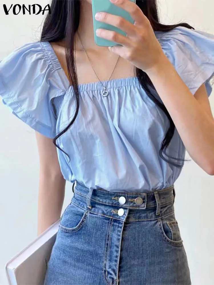 

Женские модные блузки 2023 VONDA, сексуальные блузки с квадратным вырезом и коротким рукавом, однотонные туники, топы, повседневные свободные бл...