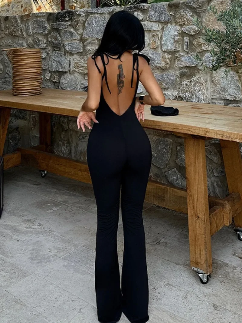 Элегантные комбинезоны с открытой спиной для женщин сексуальные расклешенные