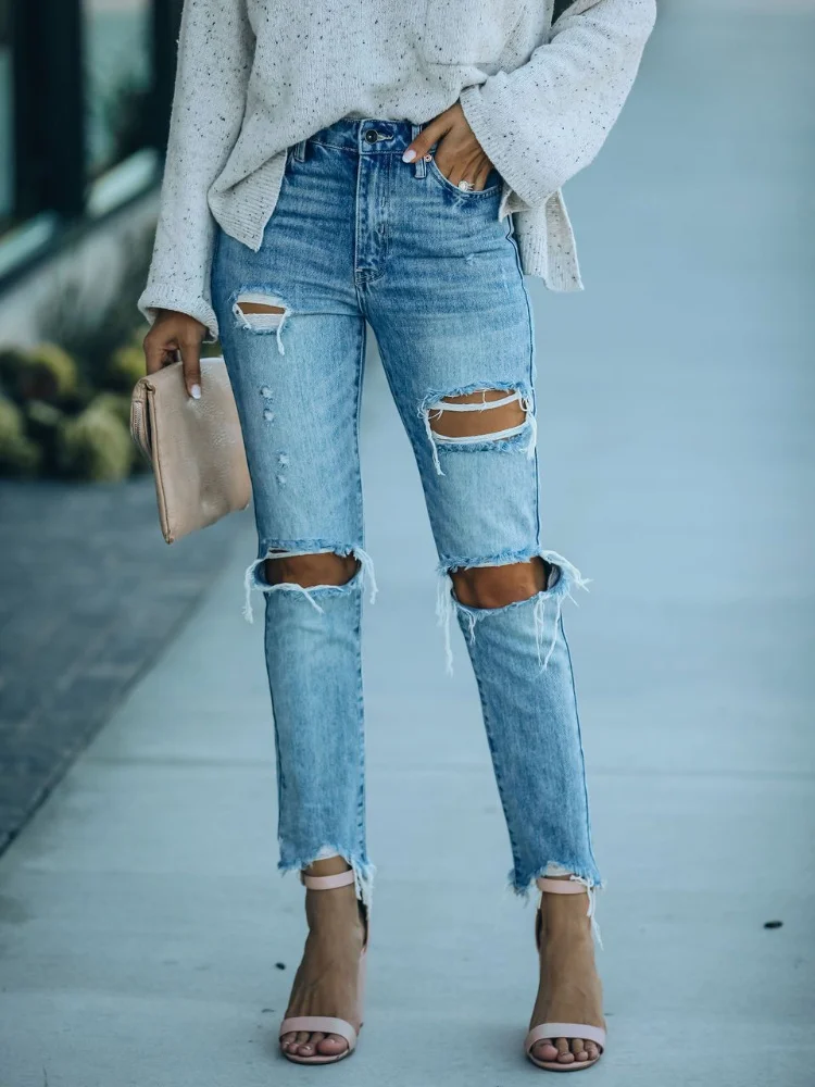 

Новинка лета 2023, женские рваные джинсы, узкие и модные укороченные брюки, женские состаренные джинсы для женщин, уличная одежда