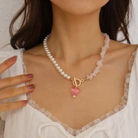 natural stone baroque pearl heart pendant necklace simple women green pink stones handmade elegant boho clavicle necklace