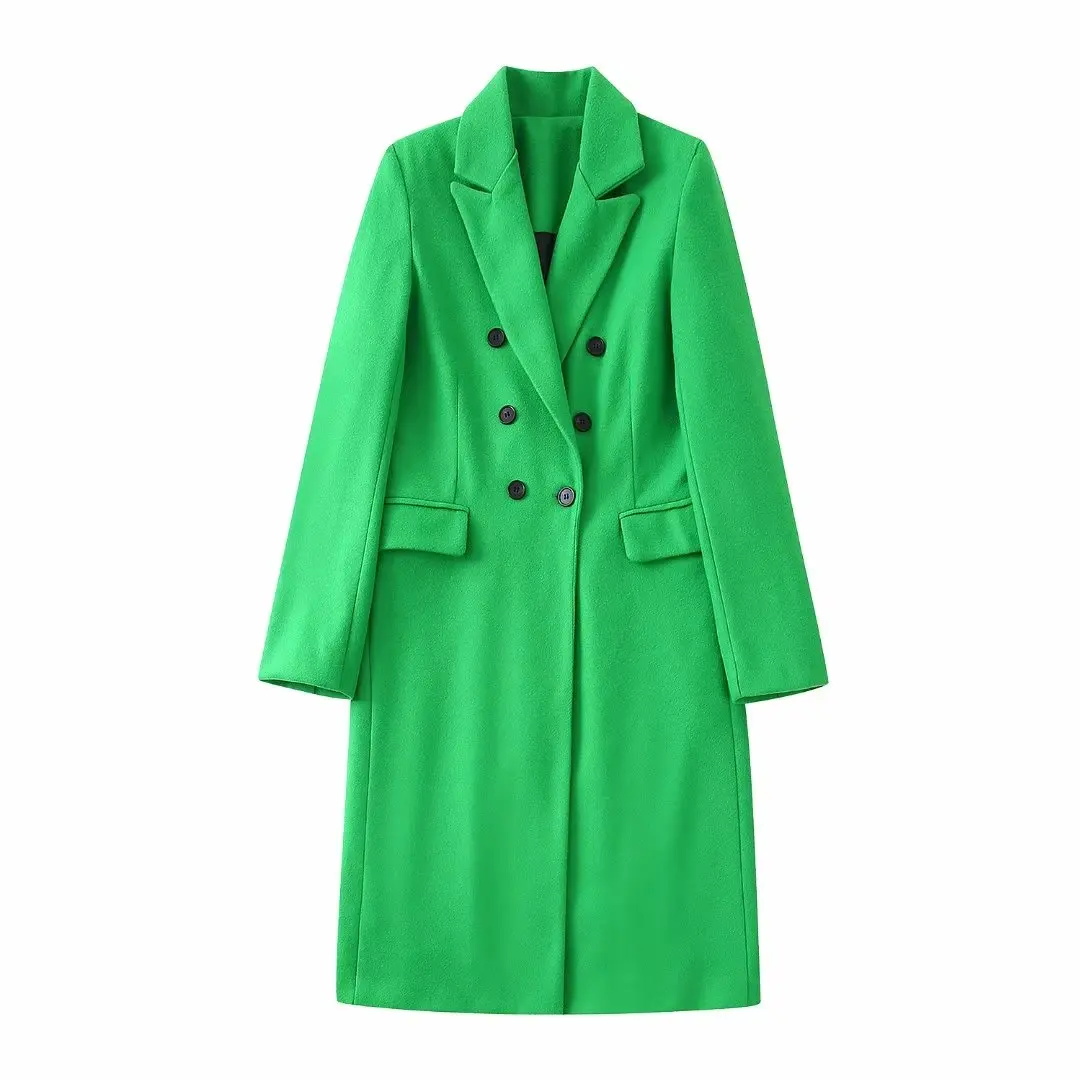 

WOMAN 2022 Fashion Wool Blend Slim Coat Jacket Retro Lapel Green Long Sleeve Double Breasted Outerwear Chic Overcoat