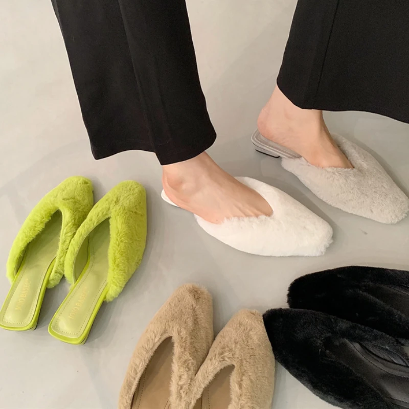 

тапочки женские домашние тапочки женские домашие домашние Женские меховые тапочки, зимние однотонные элегантные шлепанцы на плоской подош...