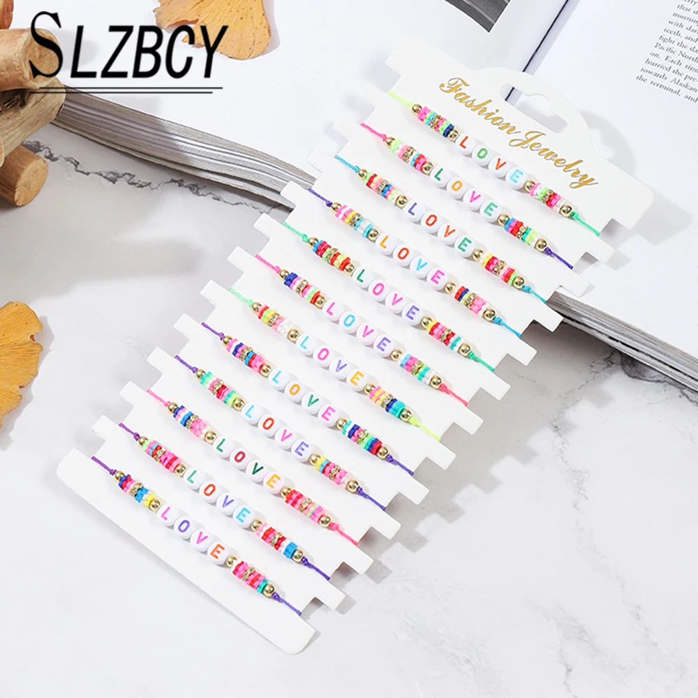 

12 Pieces Acrylic Lettered Charm Braided Bracelets Gold Color Shine Beads Woven Rope Bracelet Friendship Party Jewelry Pulsera