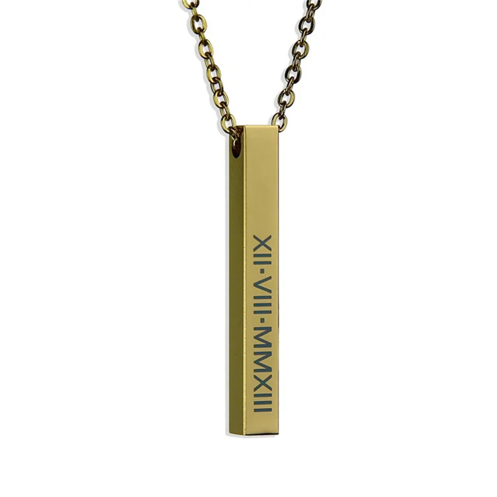 Personalized Custom Necklace Bar Laser Carved Pendant Gold Stainless Steel Necklace Gold Plated Vertical Initial Bar Necklace