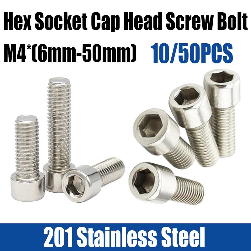 10/50PCS M4*(6mm-50mm) 201 Stainless Steel Allen Hexagon Hex Socket Cap Head Screw Bolt Cylindrical Head Allen Bolt Fastener