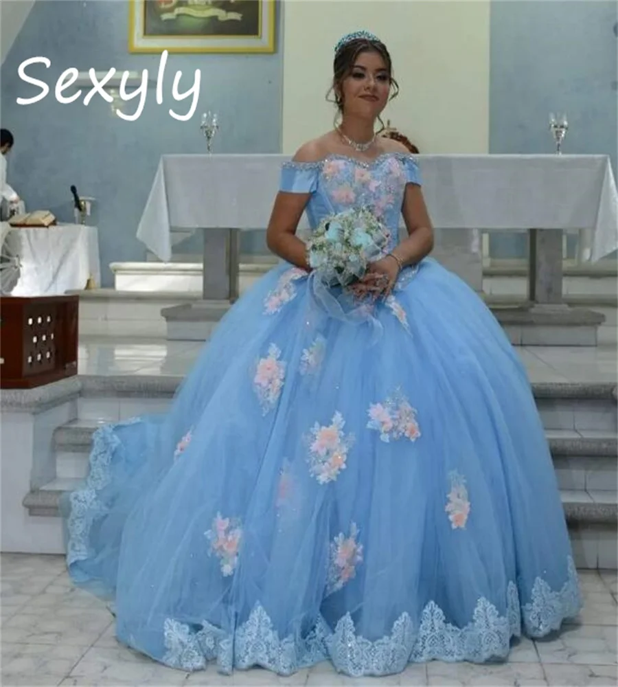 

Сказочное платье для Quinceanera 2023 синее с розовыми цветами с открытыми плечами милый 15 день рождения корсет Charro Vestidos de Xv платья для выпускного вечера