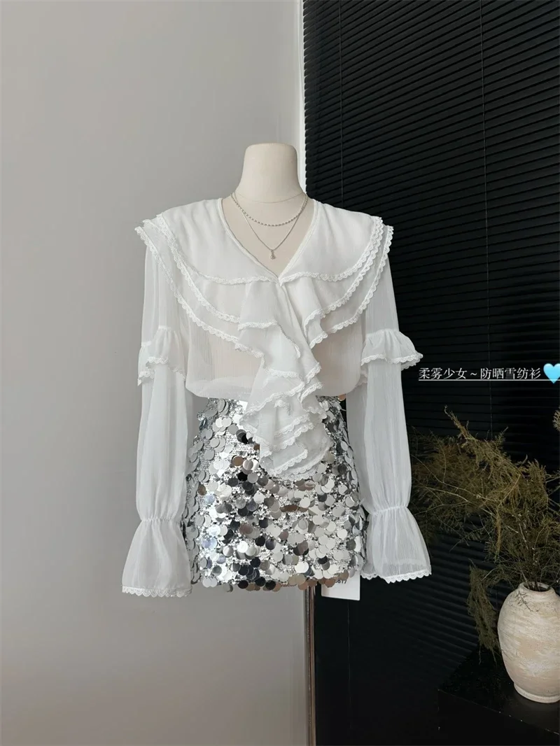 Женская винтажная рубашка с длинным рукавом элегантная белая блузка воротником