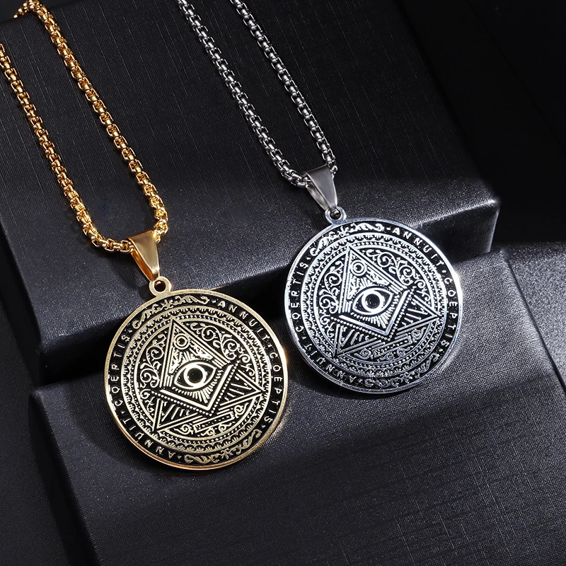 

New Stainless Steel Eye of God Round Pendant Necklace Men Women Masonic Trend Vintage Amulets Popular Jewelry Gifts