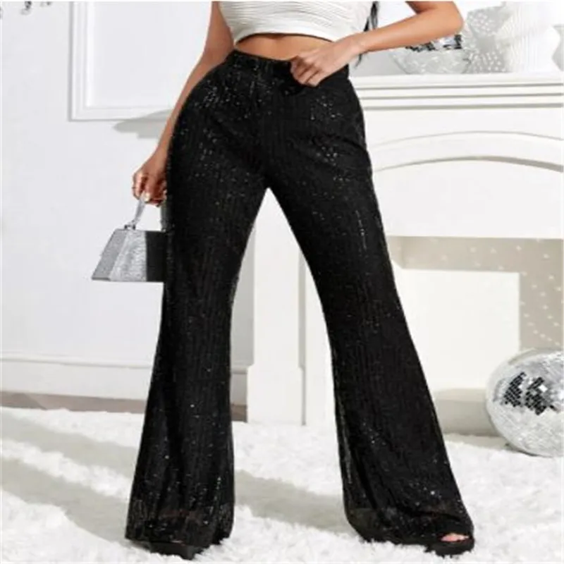 

2023 Elegant Lady Glitter High Waist Wide Leg Sequin Pants Women Bling Length Sparkling Flared Trousers Party Clubwear Black