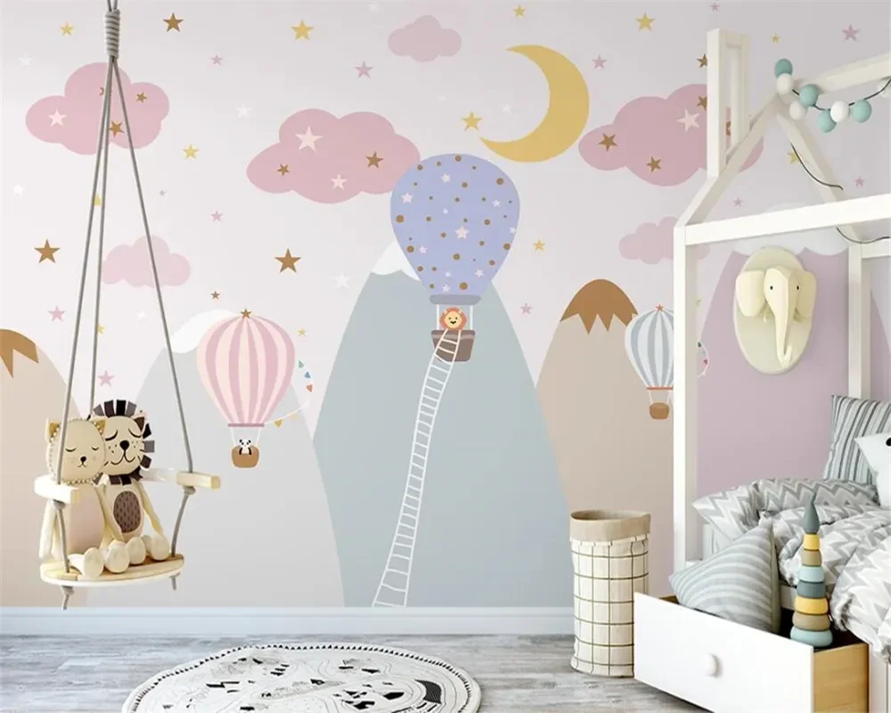 

NEW Custom decorative painting Nordic hand-painted pink starry panda children's room background wallpaper papier peint