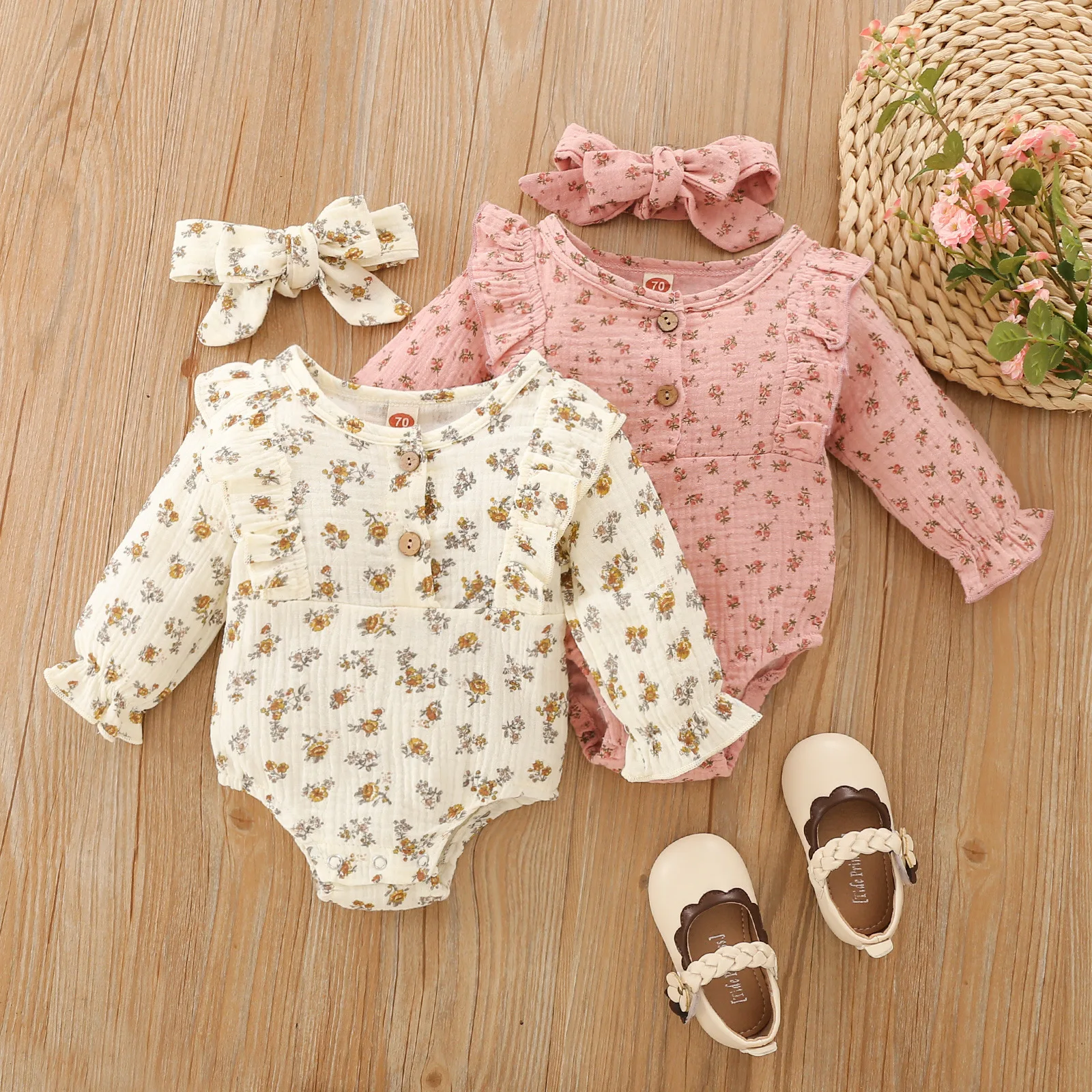 

Autumn 2Pcs Baby Girls Outfits Newborns Infant Floral Henley-Neck Long Sleeve Snaps Rompers Hairband Bodysuits Outfits 0-12M