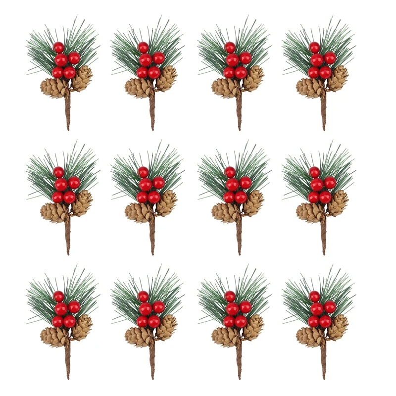 

12PCS Simulation Pine Needle Branches Holiday Decoration Christmas DIY Berry Bouquet Decoration Atmosphere Scene Layout