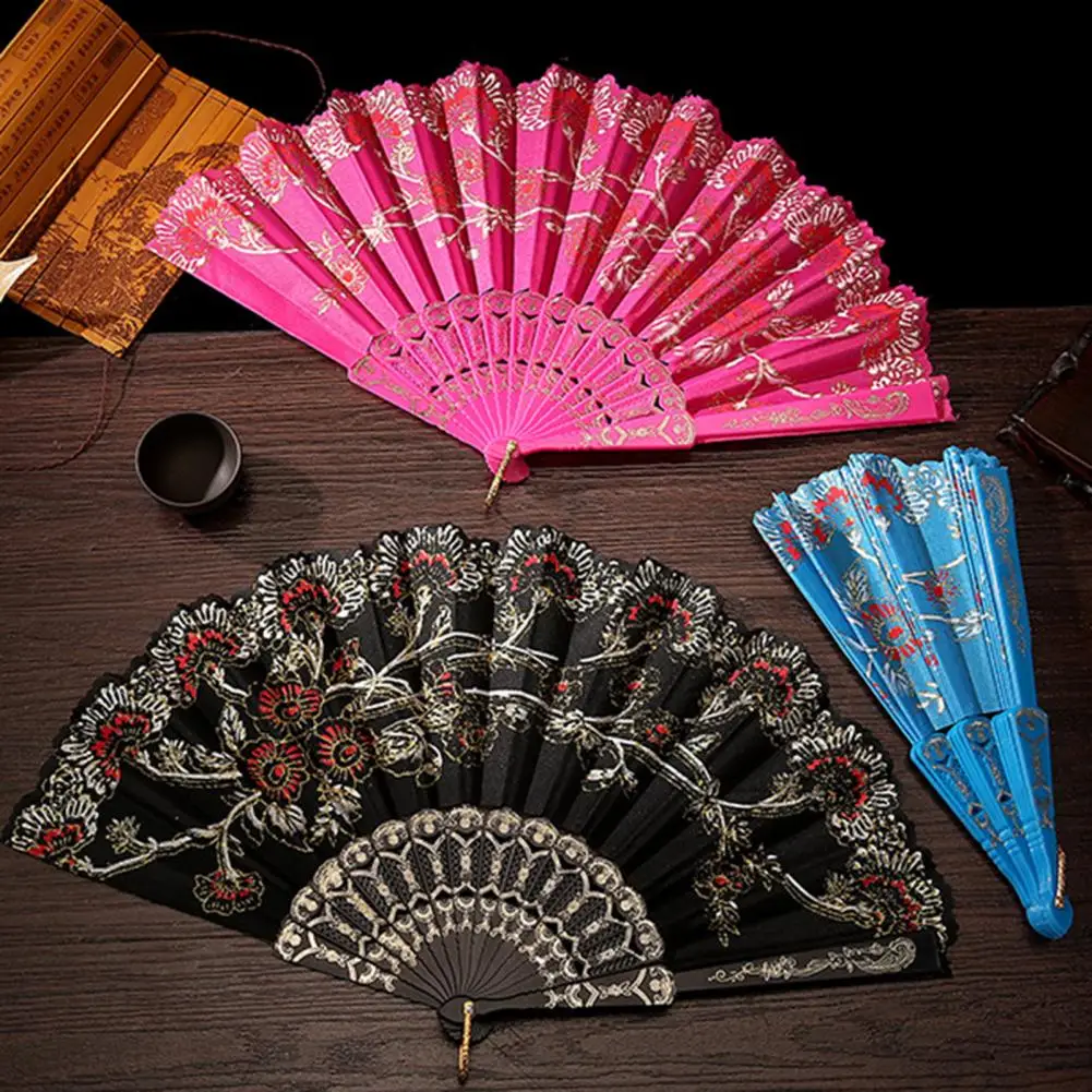 

Decorative Handheld Fan Bronzing Golden Glitter Folding Fan Elegant Plastic Floral Pattern Dancee Fan For Lady Dance Decor