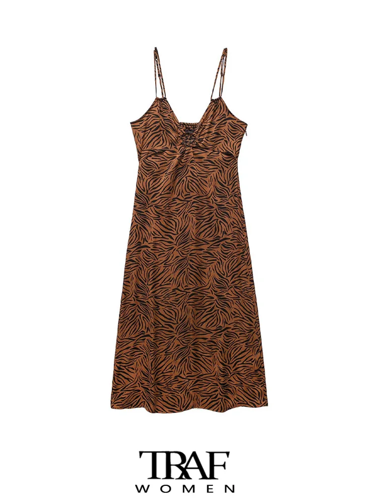 

Платье-миди с открытой спиной и принтом животных, на тонких бретельках