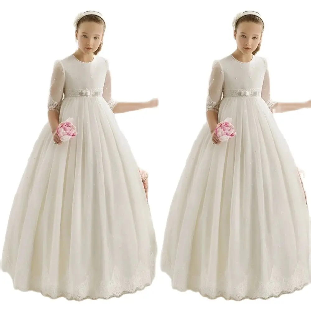 

Kids Flower Girl Dresses for Weddings Elegant First Communion Dresses for Girls Tulle Ball Gown 3/4 Sleeve Girls Pageant Gown