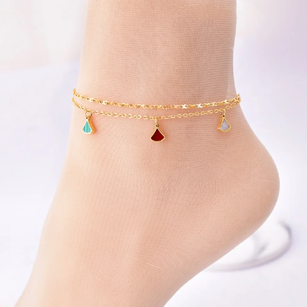 

European And American Style Luxury Double Anklet Shell Scallop Pendant Titanium Steel Elegant Ladies Footwear