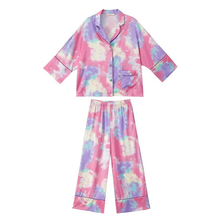 Ice silk pajamas new long-sleeved printed two-piece loose homewear suit silk sleepwear set  ชุดนอน  pijamas women