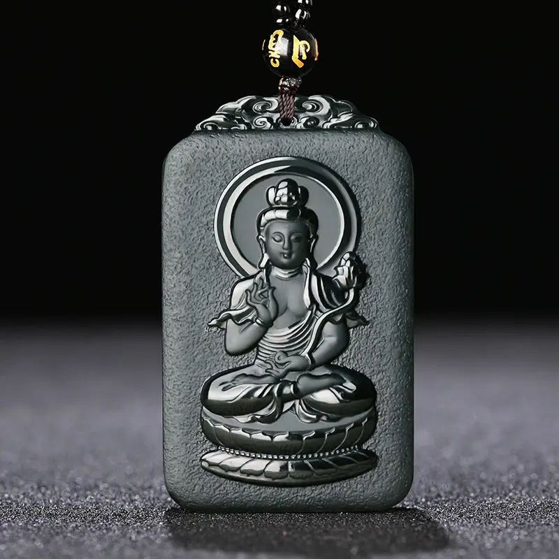 

Natural Hetian Cyan Jade carved Guanyin Buddha Zodiac Horse Guardian Black Green Pendant Necklace Jewelry Men Women with Chain