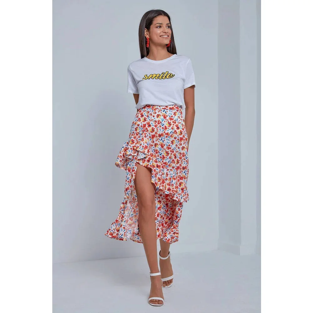 

Flower Decorated Flounces Slit Midi Skirt Red Women Clothing New Season Fashion Spring Summer Unlined 70 Cm