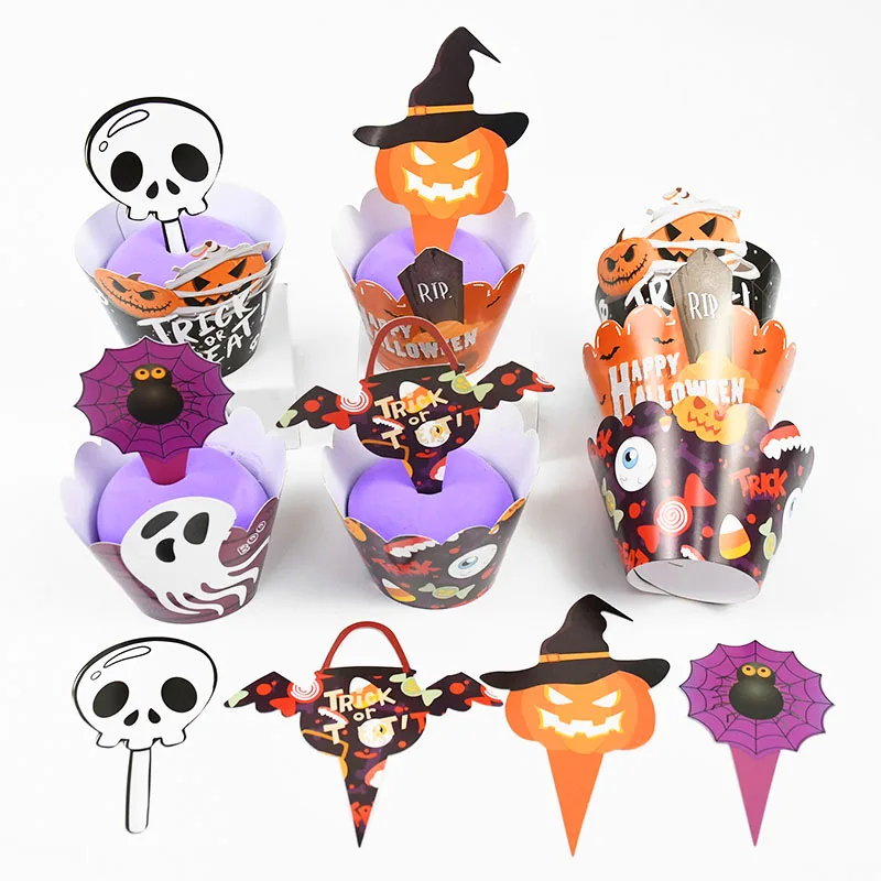 

24/48pcs Halloween Cupcake Wrapper Cup Muffins Pumpkin Ghost Bat Spider Cake Toppers for Home Halloween Party Dessert Decoration