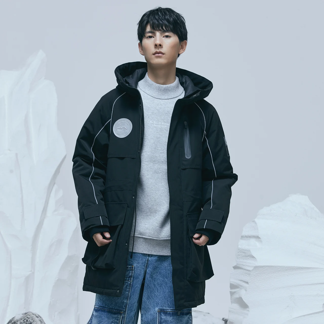 Metersbonwe Long Down Jacket Winter Men Fur Collar Hooded Thick Winter Down Coat  Reflective Stripe Pocket Red Outerwear Warm