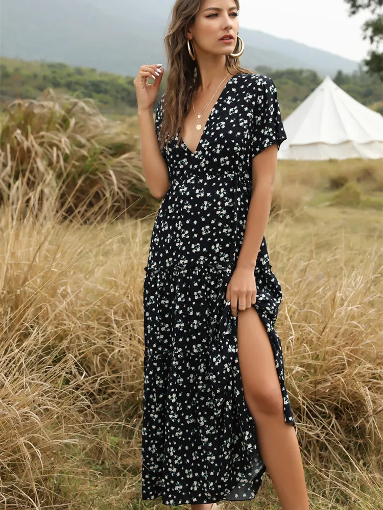 

Summer Dresses Woman 2022 Y2K Bohemian Ruffled Floral Printed Dress Sexy Boho Style Deep V-neck Long Elegant Dresses For Women