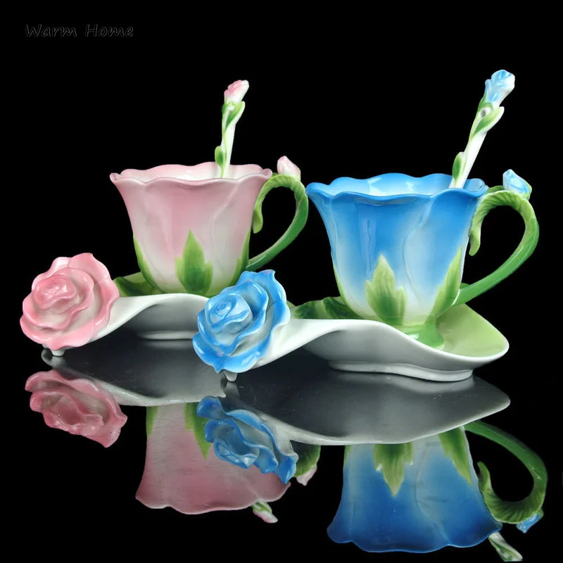 

Creative Fashion 3D Rose Shape Flower Enamel Ceramic Tea Cup Saucer Spoon Set Porcelain Elegant Coffee Mug Valentine Day Gift