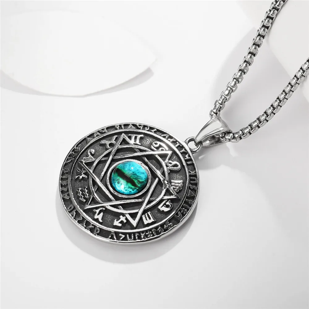 

New Angel Devil's Eye Stainless Steel Pendant Green Crystal Hexawn Star Titanium Steel Necklace Jewelry 2022