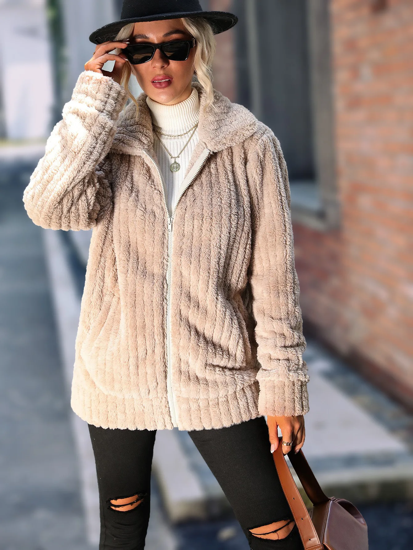 Fashionable new style women's lapel pit strip zipper long sleeve solid color medium long reversible plush coat