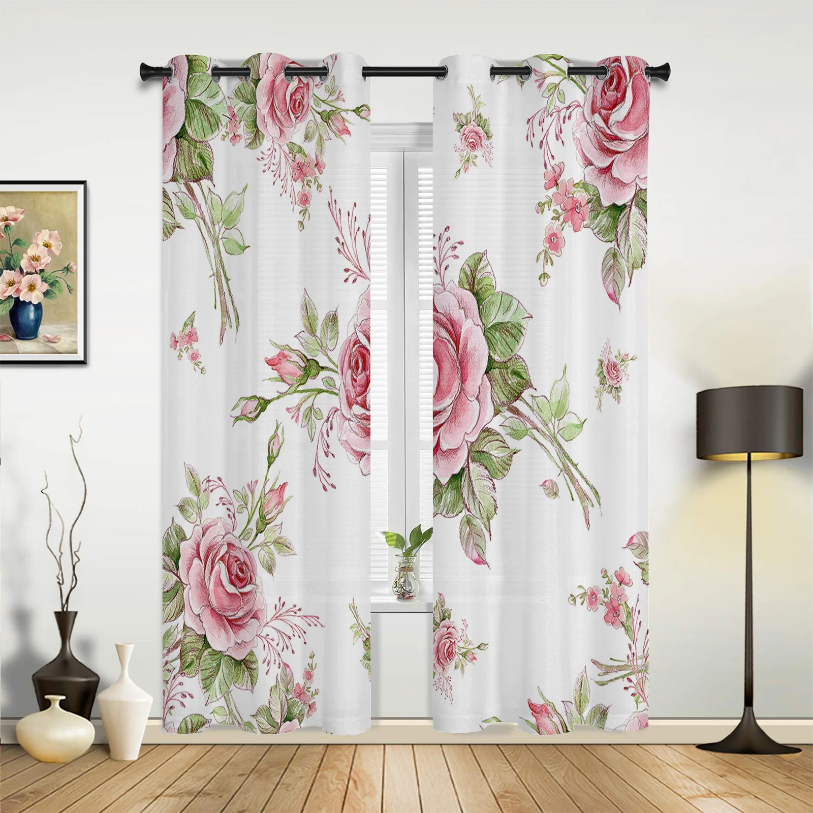 

Vinatge Pink Rose Flower White Curtains for Bedroom Living Room Drapes Kitchen Children's Room Window Curtain Modern Home Decor
