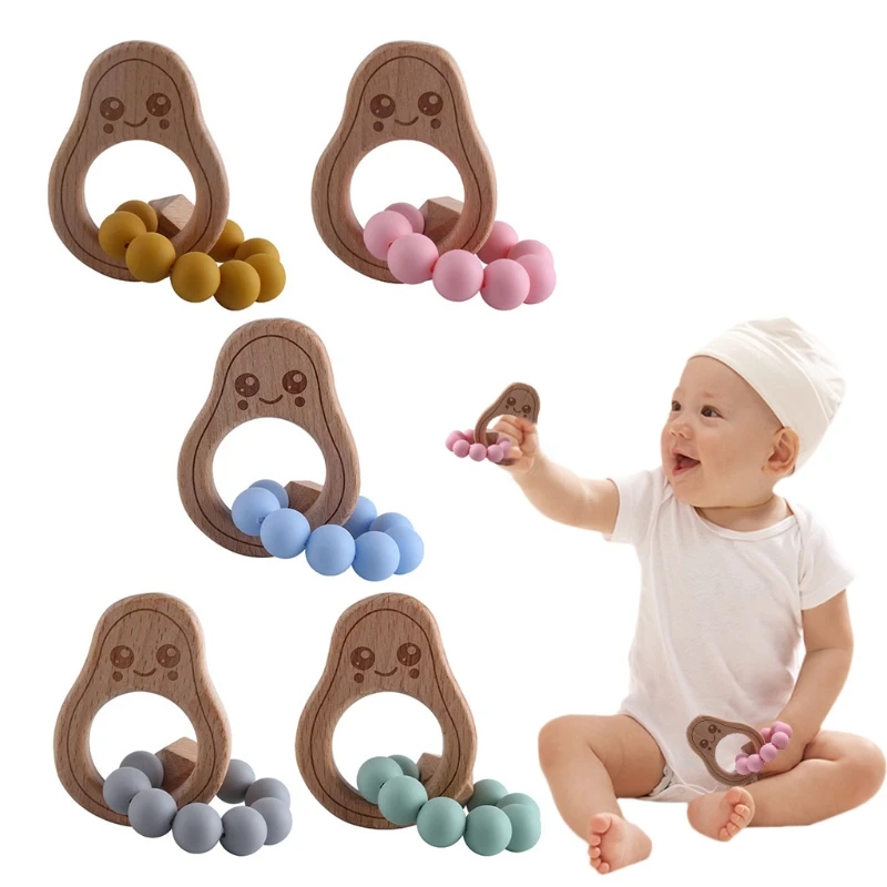 

Baby Beech Wooden Avocado Bracelet Teether Molar Toys Shower Gifts Infants BPA Free Silicone Beads Teething Soother бисер 실리콘 비즈