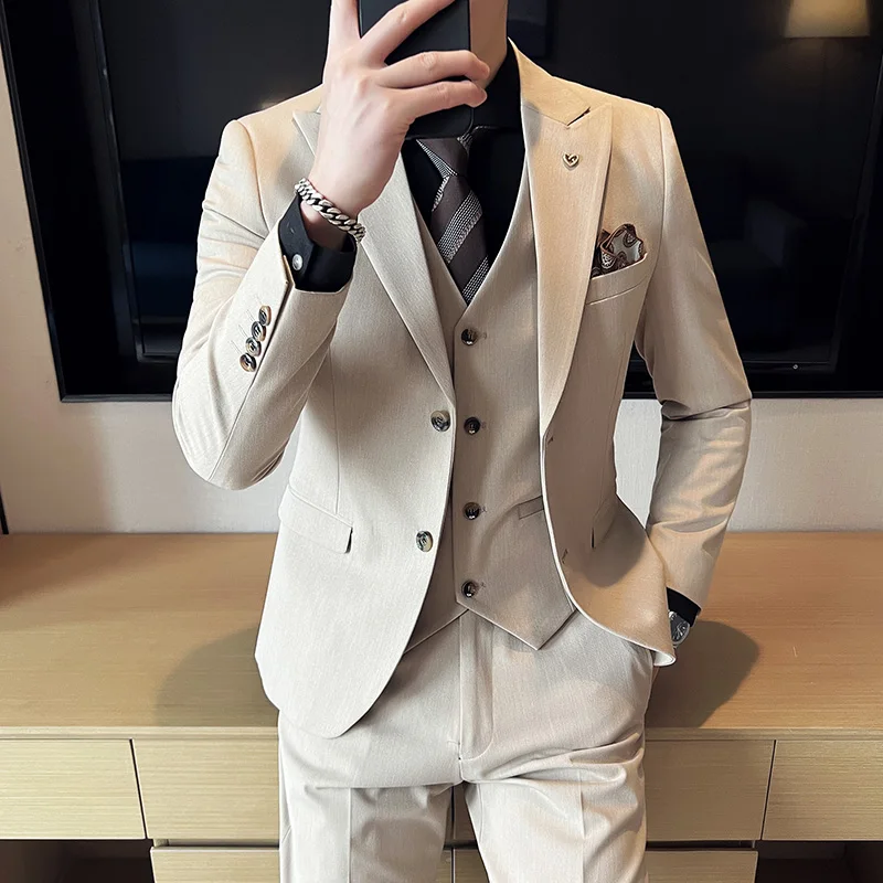 

2023 новый мужской бутик (костюм + жилет + брюки) высококачественный британский деловой удобный привлекательный тонкий однотонный комплект из трех предметов