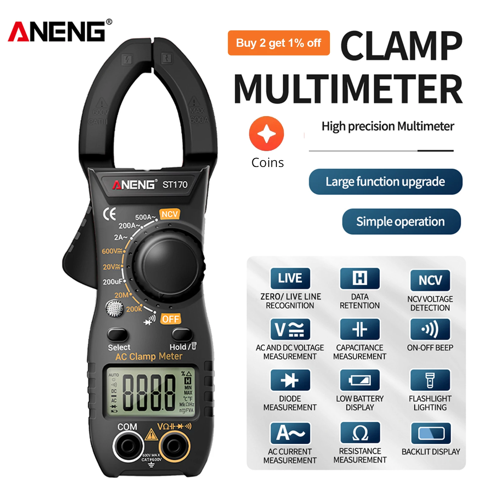 

ANENG ST170 Clamp Meter Digital Multimeter 500A AC Current AC/DC Voltage Tester 1999 Counts Hz Capacitance NCV Ohm Diode Test