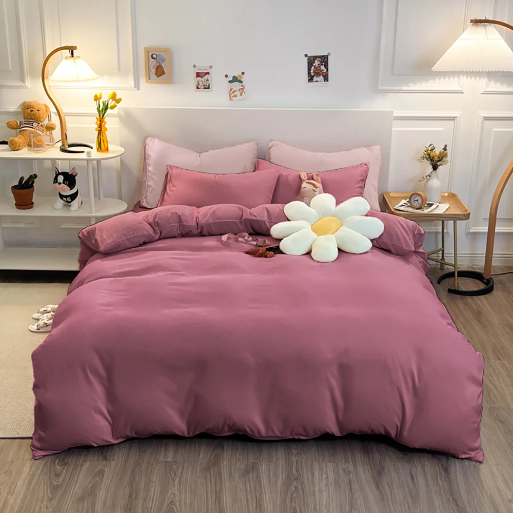 

Spot Rose/Pink Quilt/Comforter Cover Sets Double-sided Linens Bed Single Double King 150x200cm Bedding Set Queen Size Pure Color