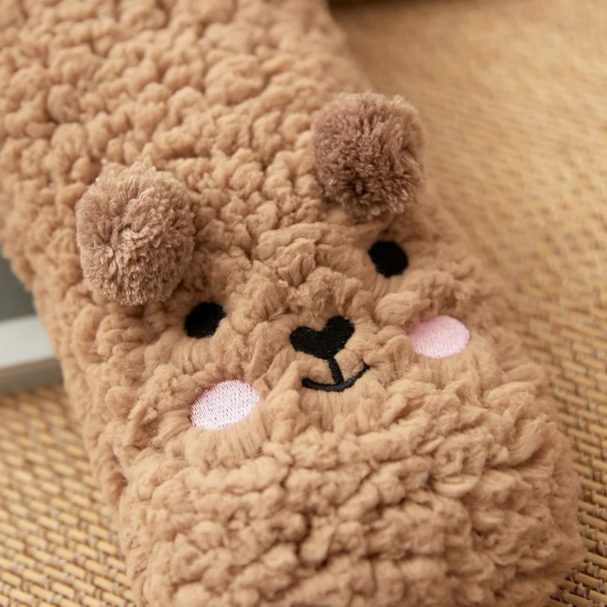 Fuzzy Socks Women Winter Warm Plush Soft Female Fluffy Silicone Anti Slip Non Kawaii Funny cute Bear Slippers Short Sock Casual